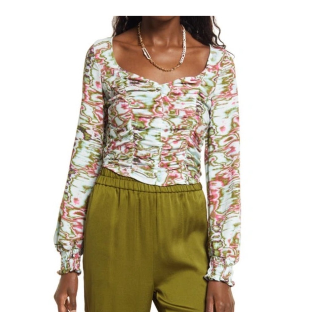 Open Edit Ruched Crop Top In Blue- Green Ripple